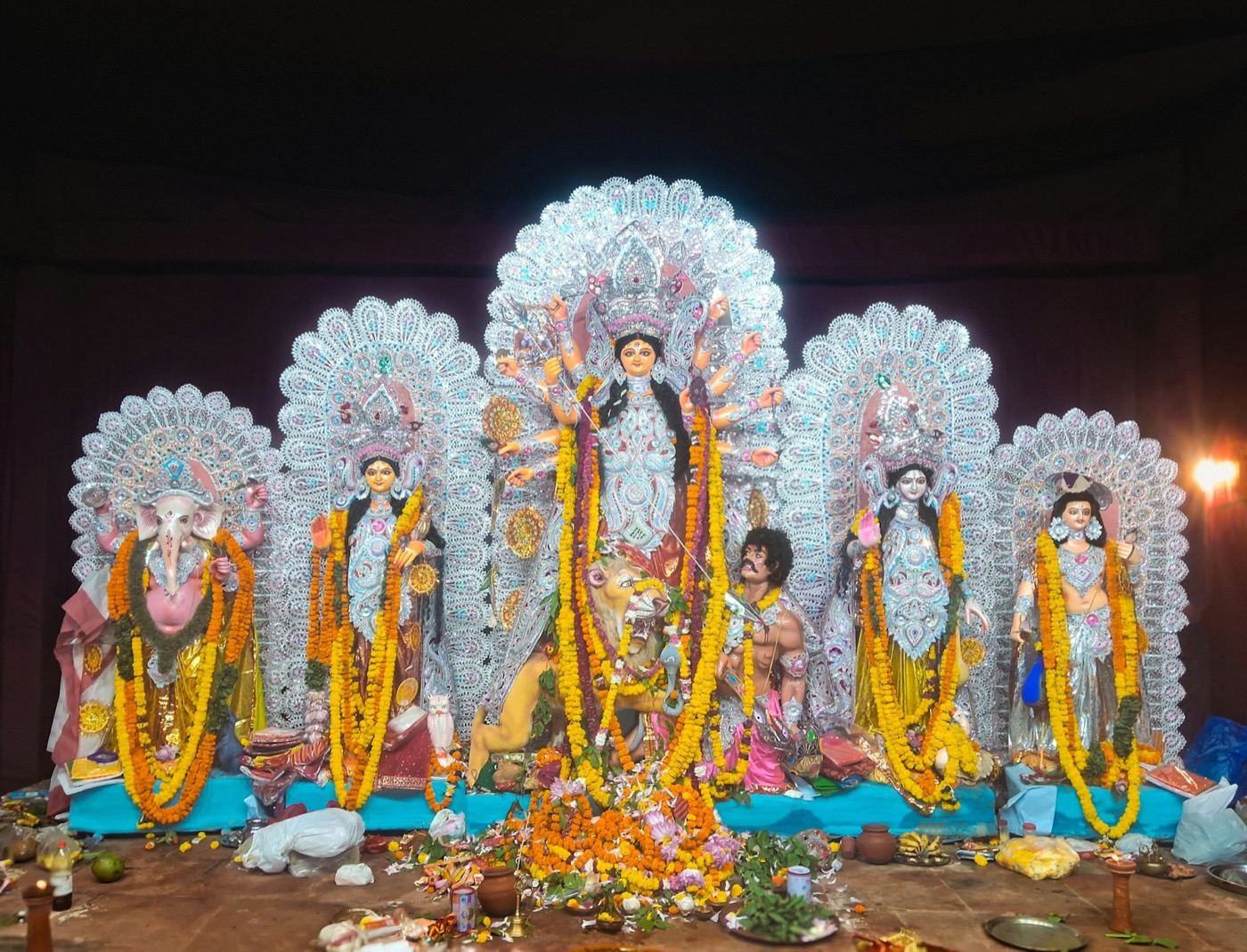 Colorful lights and cultural decor during Durga Puja celebrations
